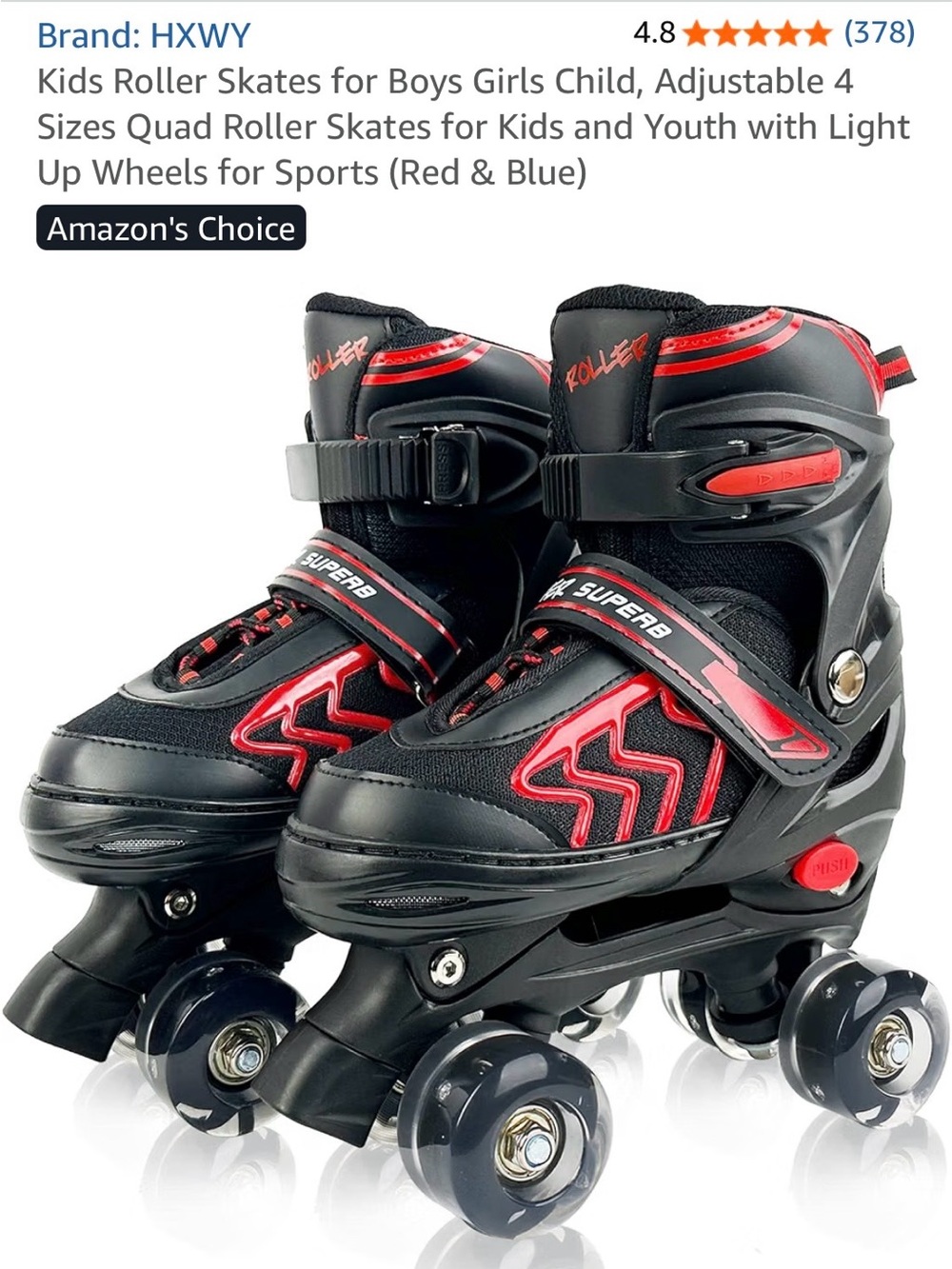 Kids Adjustable Quad Roller Skates - Black & Red